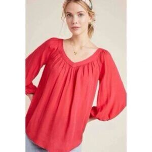Anthropologie Maeve Red Viscose V-neck Flowy Textured Blouse - Size 8 - EUC